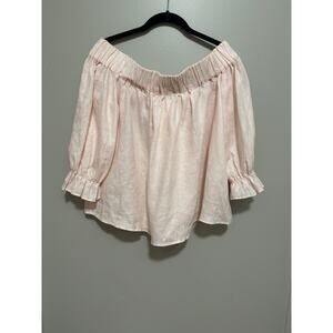 Harshman Anthro Off-Shoulder Puff-Sleeve Linen Blouse Size Small Back Bow Detail